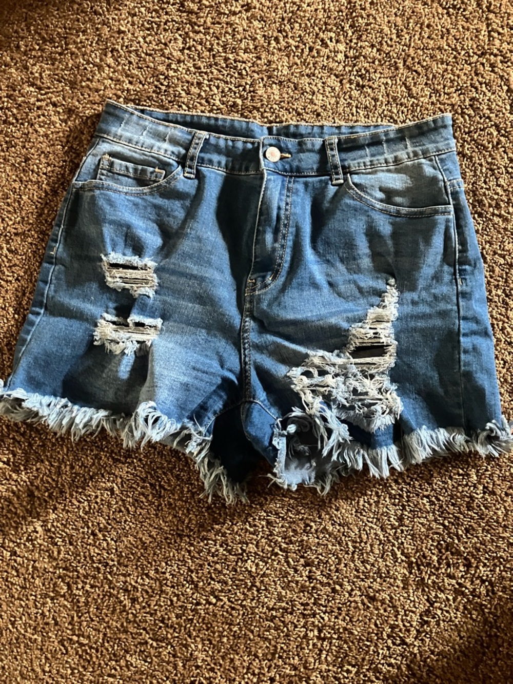 Women’s Blue Denim Jean Shorts. Size Large. Distressed. Frayed hem. UNBRANDED.